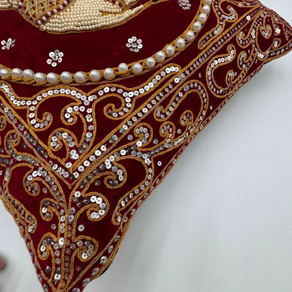 Handmade Elephant Throw Pillow Red Velvet Beaded Sequin‎ Boho Decor